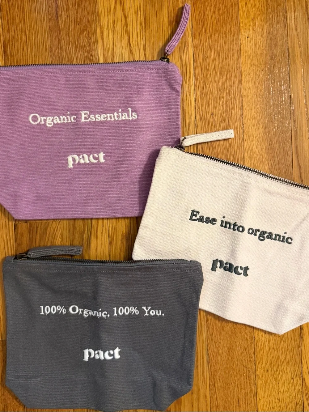 Pact Trio of Canvas Zip Pouches in Lilac, Cream & Charcoal